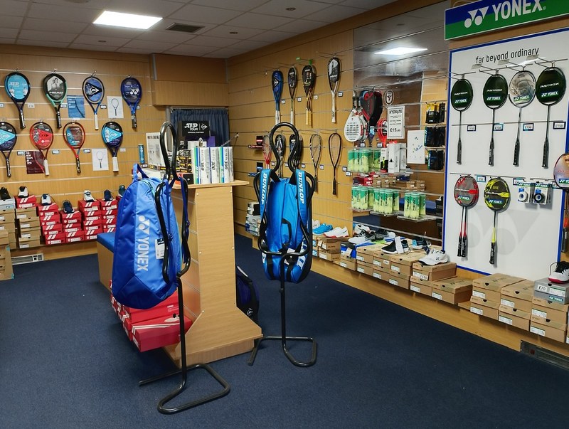 Inside The Racket Shop in Reading, with racket displays, shoes and equipment
